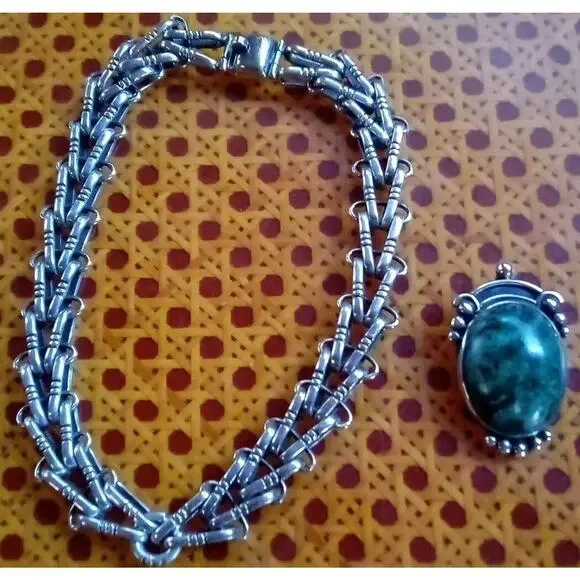 Hector Aguilar Taxco 940 Sterling Silver Necklace W/Malachite Pendant & Earrings
